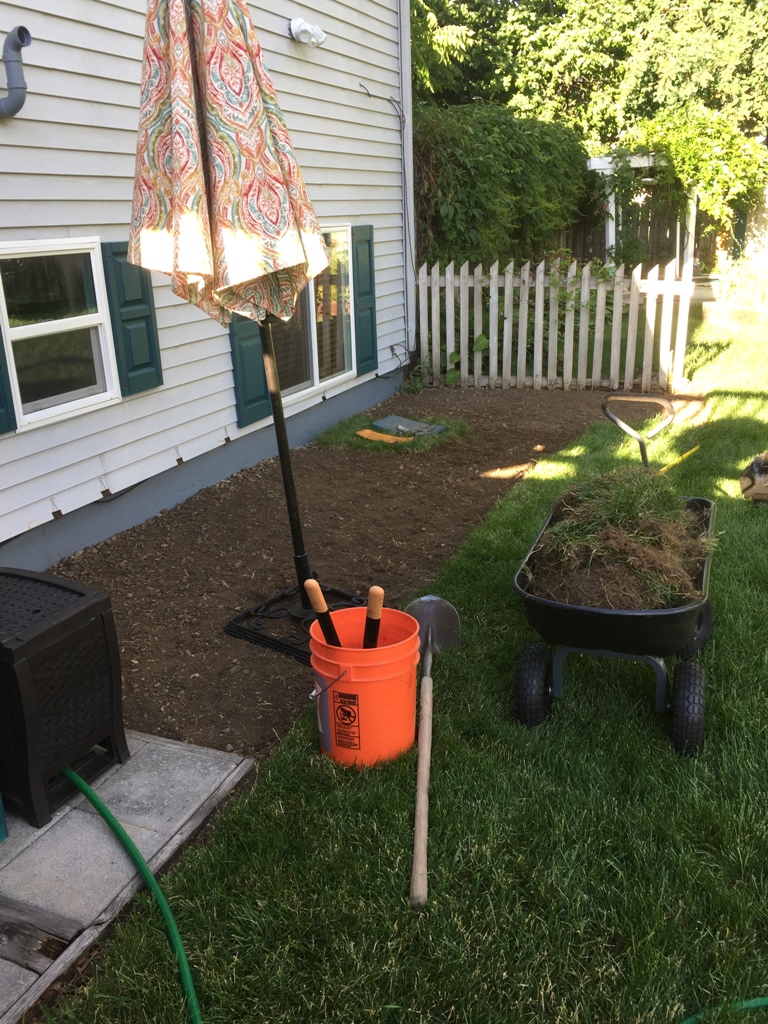 removing sod, landscape, bark, solar fountains